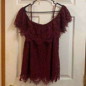 Burgundy lace flutter sleeve off shoulder top
